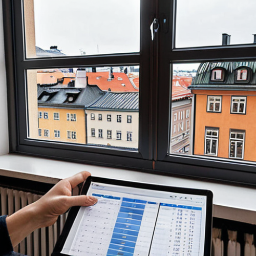 Home 24 ** A cozy Swedish apartment living room. Focus on a budget-conscious buyer looking at a spreadsheet with housing costs, next to a window overlooking a typical Stockholm street. Emphasize the feeling of navigating financial planning for a first home.
**