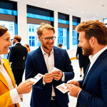 **Image:** A vibrant networking event in Stockholm, Sweden. Focus on people in business attire exchanging business cards and engaging in lively discussions about real estate investment opportunities. Background should subtly feature modern Swedish architecture.