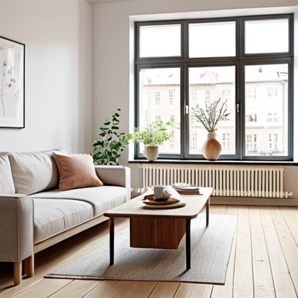 **

> Scandinavian interior design. A bright, open-plan living room with a large window. A light wooden floor, a minimalist sofa with neutral-colored cushions, and a coffee table with a vase of flowers. A bookshelf built into the wall. Natural light streaming through the window.  A sense of calm and hygge.

**