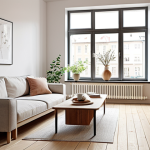 **

> Scandinavian interior design. A bright, open-plan living room with a large window. A light wooden floor, a minimalist sofa with neutral-colored cushions, and a coffee table with a vase of flowers. A bookshelf built into the wall. Natural light streaming through the window.  A sense of calm and hygge.

**