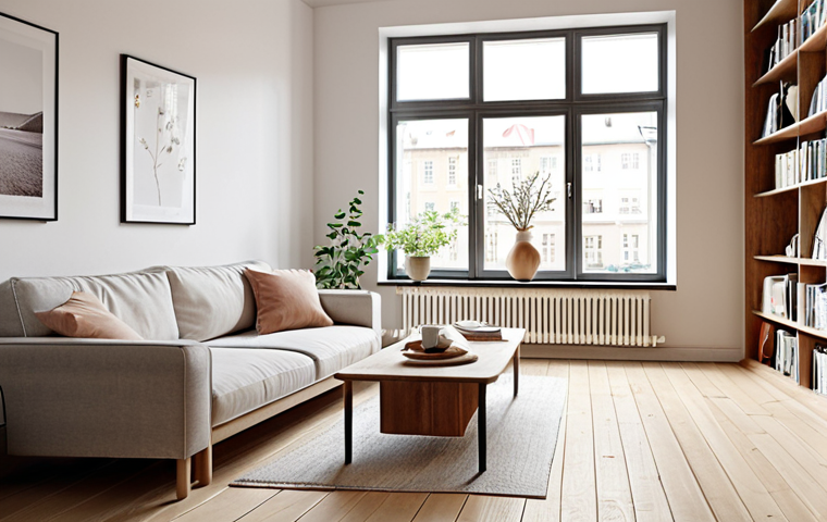 **

> Scandinavian interior design. A bright, open-plan living room with a large window. A light wooden floor, a minimalist sofa with neutral-colored cushions, and a coffee table with a vase of flowers. A bookshelf built into the wall. Natural light streaming through the window.  A sense of calm and hygge.

**