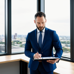 A focused professional real estate investor, mid-30s, in a modest business suit, reviewing financial charts and investment documents on a tablet in a clean, modern office with a large window overlooking a contemporary city landscape. The scene emphasizes data analysis, strategic decision-making, and market dynamics. Professional photography, high-resolution, natural light, well-formed hands, correct proportions, natural pose, perfect anatomy, fully clothed, appropriate attire, safe for work, appropriate content, professional, family-friendly.