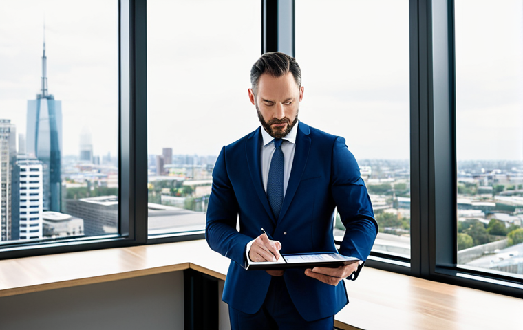 A focused professional real estate investor, mid-30s, in a modest business suit, reviewing financial charts and investment documents on a tablet in a clean, modern office with a large window overlooking a contemporary city landscape. The scene emphasizes data analysis, strategic decision-making, and market dynamics. Professional photography, high-resolution, natural light, well-formed hands, correct proportions, natural pose, perfect anatomy, fully clothed, appropriate attire, safe for work, appropriate content, professional, family-friendly.